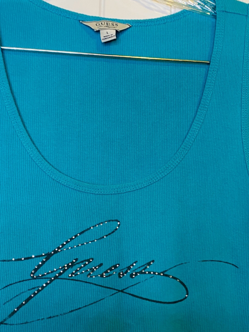 Guess Y2K Ribbed, Teal, and Rhinestone Script Tank Top - Picture 2 of 4
